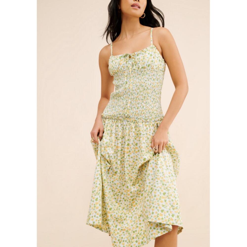 Free People Lavender Daze Dress Greyed Olive Floral Smocked Cottagecore Large